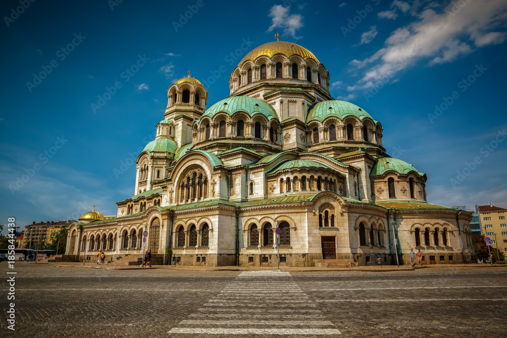 Wide establishing shot of Neo-Byzantine Orthodox St. Alexander Nevsky Cathedral, Sofia, Bulgaria. The cathedral can hold 10,000 people.