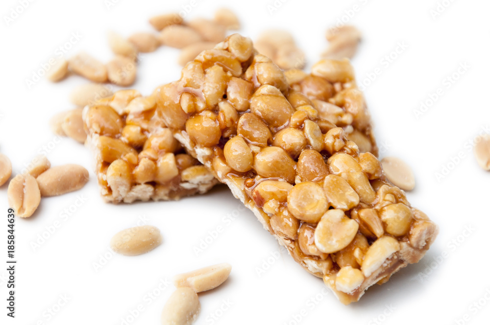 A side view of a two gozinaki dessert bars with peanuts A side view of a two gozinaki dessert bars with peanuts