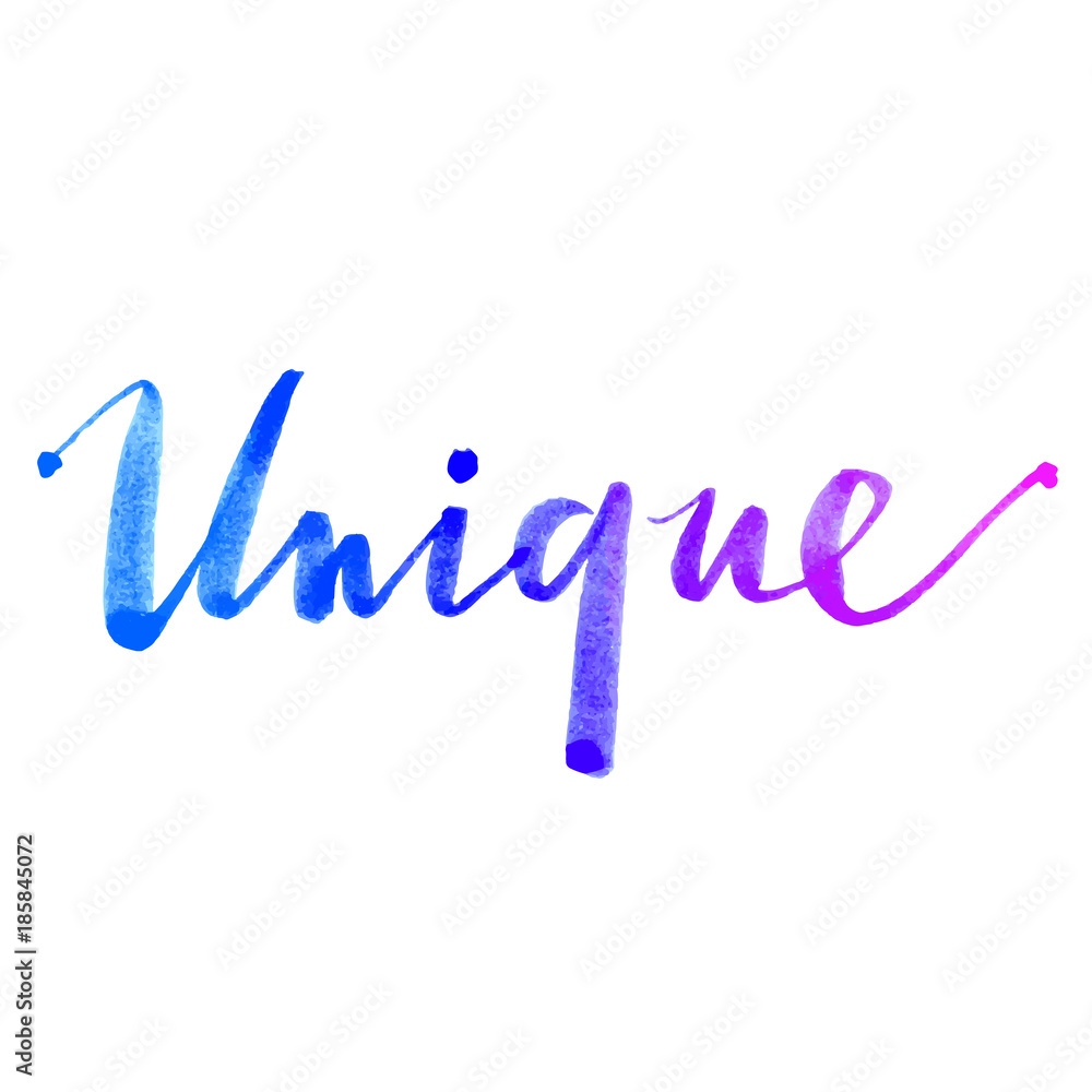 Word Unique by hand. Hand drawn creative calligraphy and brush pen lettering by watercolor, design for posters, cards, and invitations.