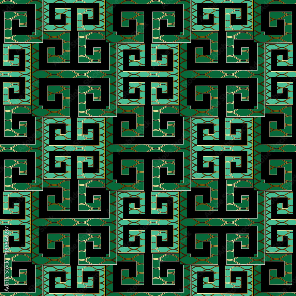 Elegant Modern Green Meander Seamless Pattern Vector Greek Key Background Geometric Emerald Wallpaper Abstract Design With Gold Lattice Backdrop Shapes Figures Textured Ornate Pattern For Fabric Stock Vector Adobe Stock