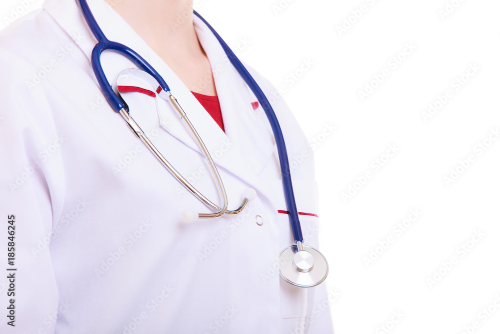 Part female body in lab coat. Doctor nurse with stethoscope isolated Part female body in lab coat. Doctor nurse with stethoscope isolated