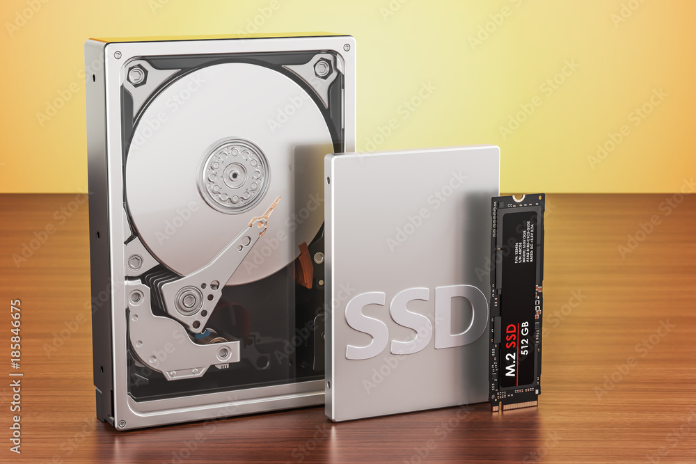 Solid state drive SSD, Hard Disk Drive HDD and M2 SSD on the wooden table,  3D rendering Stock Illustration | Adobe Stock