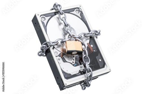 Hard Disk Drive HDD with chain and padlock. Security and protection concept, 3D rendering