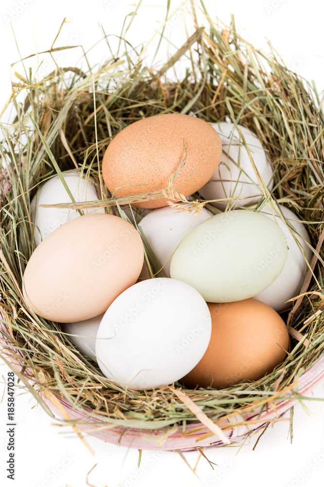 Easter basket filled with fresh and commercial eggs and hay Easter basket filled with fresh and commercial eggs and hay