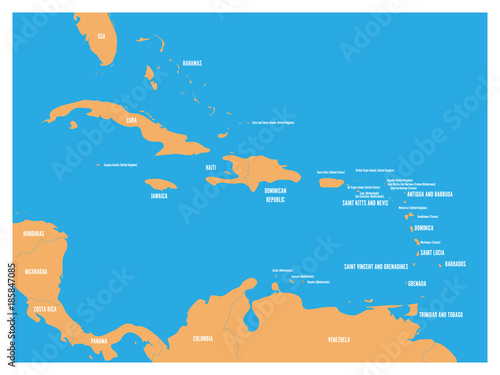 Central America and Carribean states political map. Yellow land with black country names labels on blue sea background. Simple flat vector illustration.