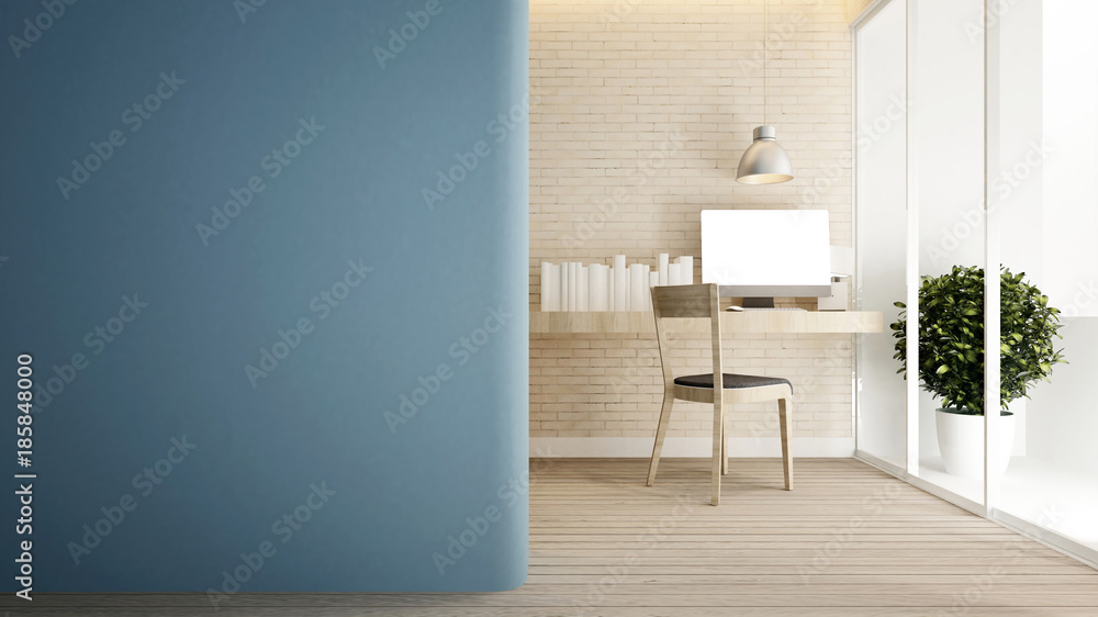 workplace brick wall and empty space blue wall in home or apartment - Interior design for artwork - 3D Rendering workplace brick wall and empty space blue wall in home or apartment - Interior design for artwork - 3D Rendering