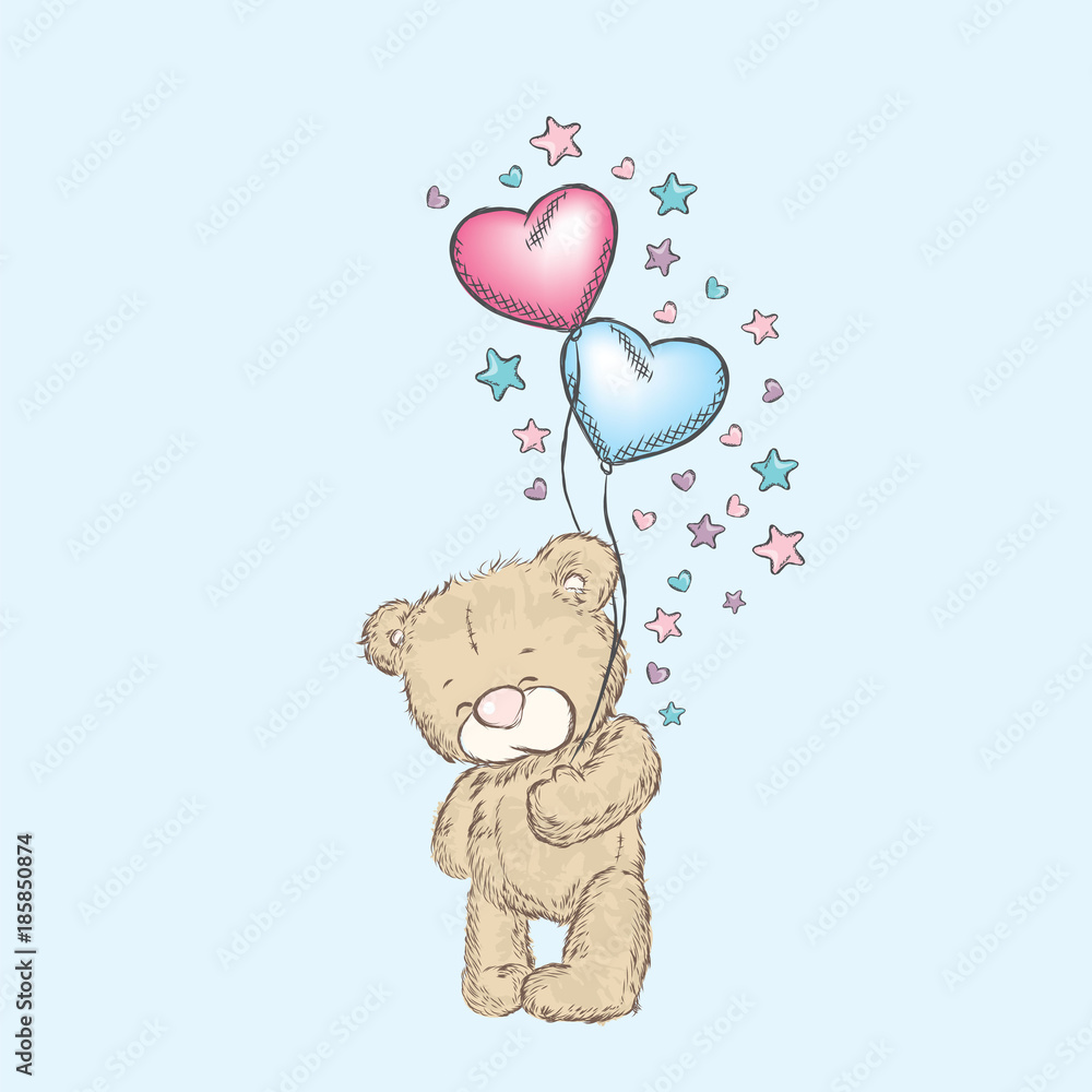 Cute bear and balls in the shape of a heart. Vector illustration for a postcard or a poster. Clothes and accessories. Valentine's day, love. Cute bear and balls in the shape of a heart. Vector illustration for a postcard or a poster. Clothes and accessories. Valentine's day, love.