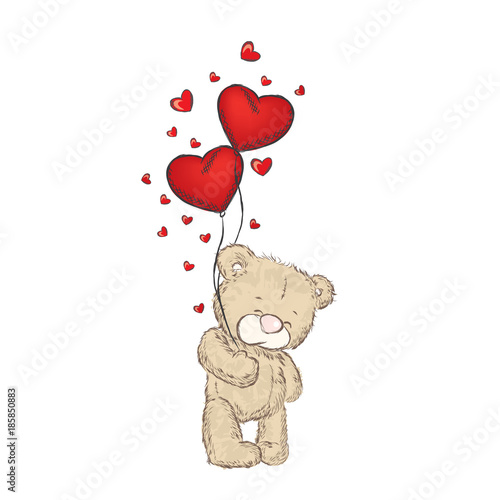 Cute bear and balls in the shape of a heart. Vector illustration for a postcard or a poster. Clothes and accessories. Valentine's day, love.