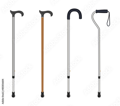 Wooden cane and aluminum telescopic canes with elegant handle, ergonomic handle and curved handle with  loop. Isolated objects on white background. Medicine and health. Vector illustrations.