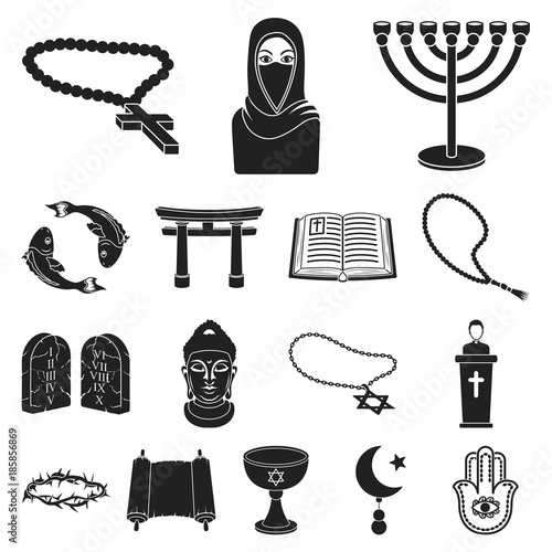 Religion and belief black icons in set collection for design. Accessories, prayer vector symbol stock web illustration.