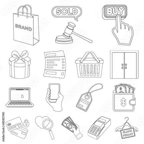 E-commerce, Purchase and sale outline icons in set collection for design. Trade and finance vector symbol stock web illustration.