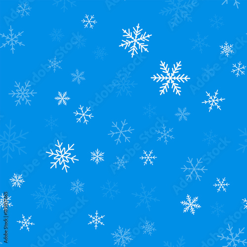 Light blue snowflakes seamless pattern on blue Christmas background. Chaotic scattered light blue snowflakes. Admirable Christmas creative pattern. Vector illustration.