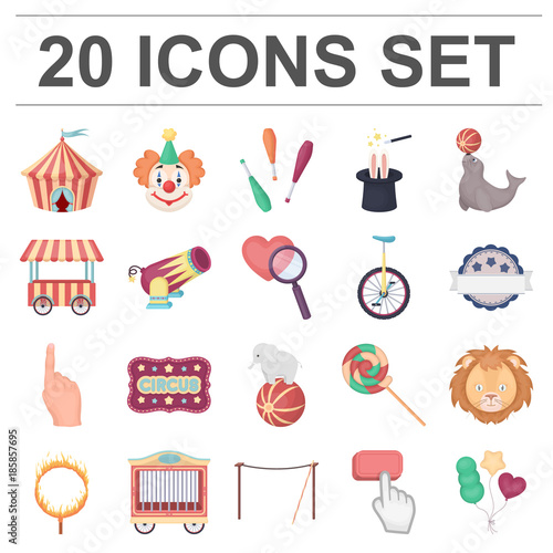 Circus and attributes cartoon icons in set collection for design. Circus Art vector symbol stock web illustration.