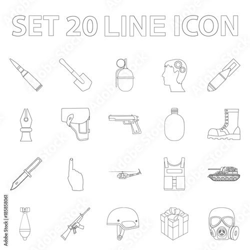 Army and armament outline icons in set collection for design. Weapons and equipment vector symbol stock web illustration.