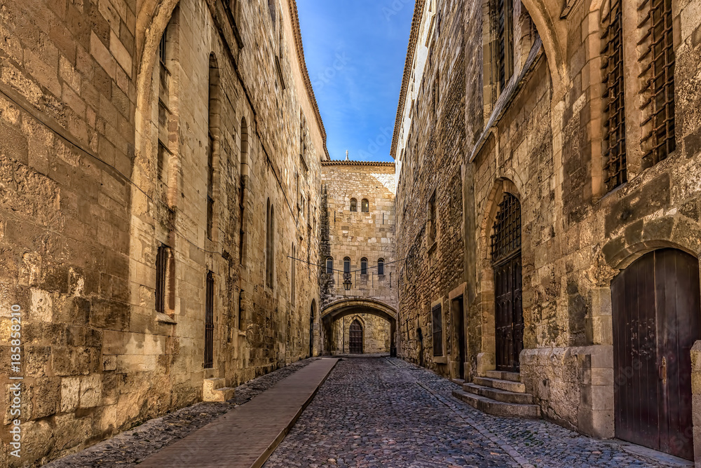 Cobblestone street between high walls in a medieval city