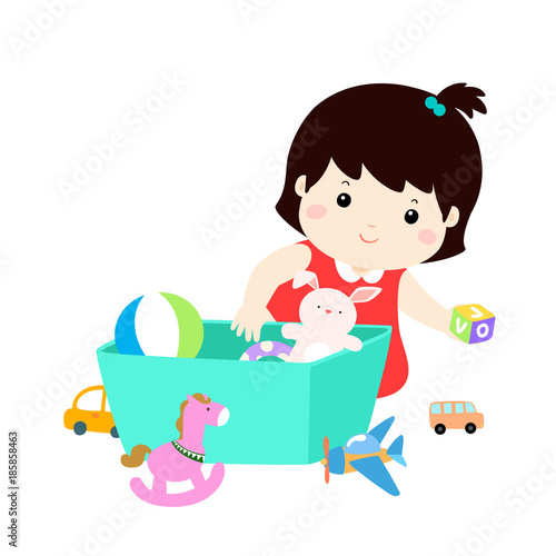 Illustration of kid girl storing toys.