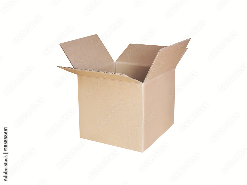Empty open cardboard box isolated on white background. Side view. Brown carton shipping box