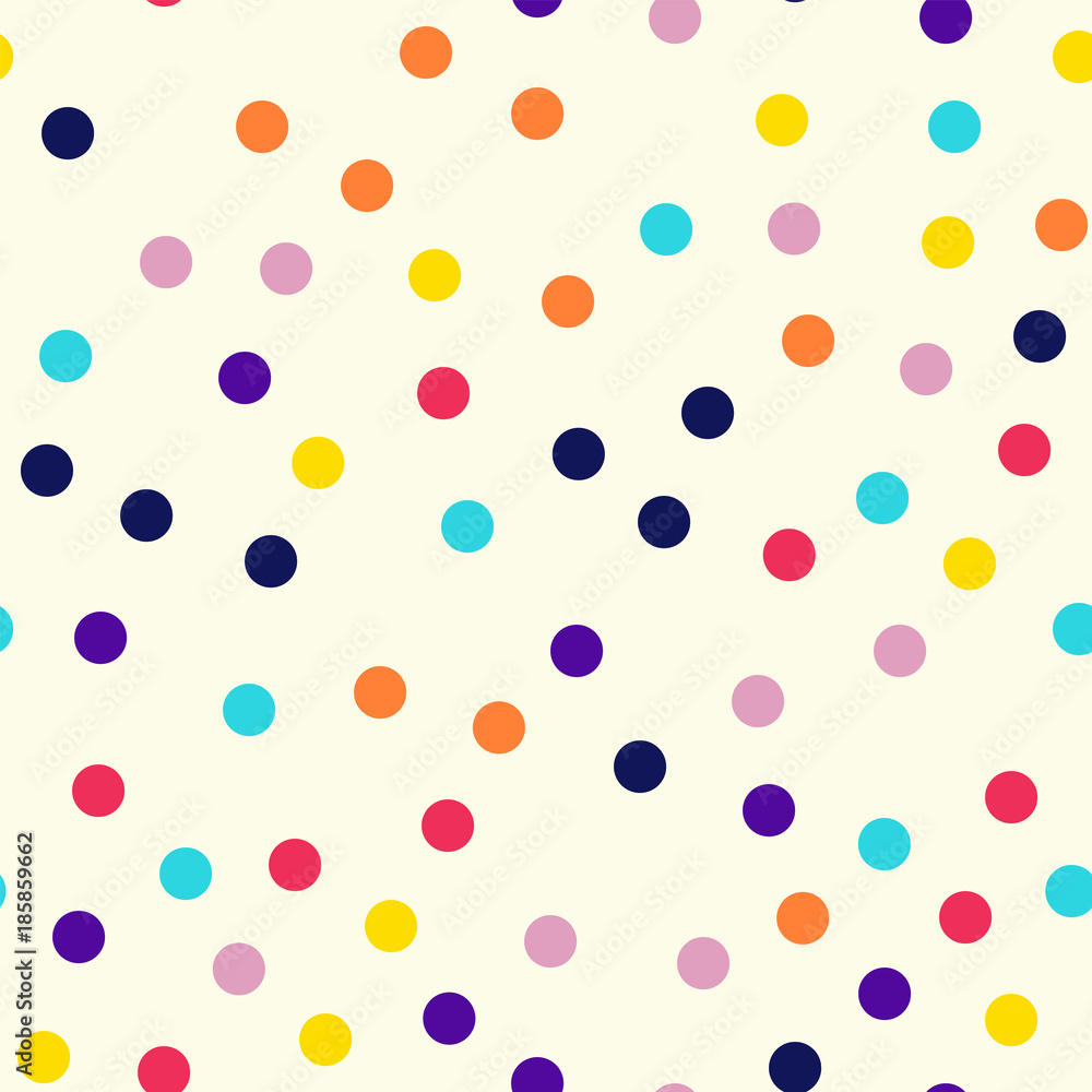 Memphis style polka dots seamless pattern on milk background. Fascinating modern memphis polka dots creative pattern. Bright scattered confetti fall chaotic decor. Vector illustration. Memphis style polka dots seamless pattern on milk background. Fascinating modern memphis polka dots creative pattern. Bright scattered confetti fall chaotic decor. Vector illustration.