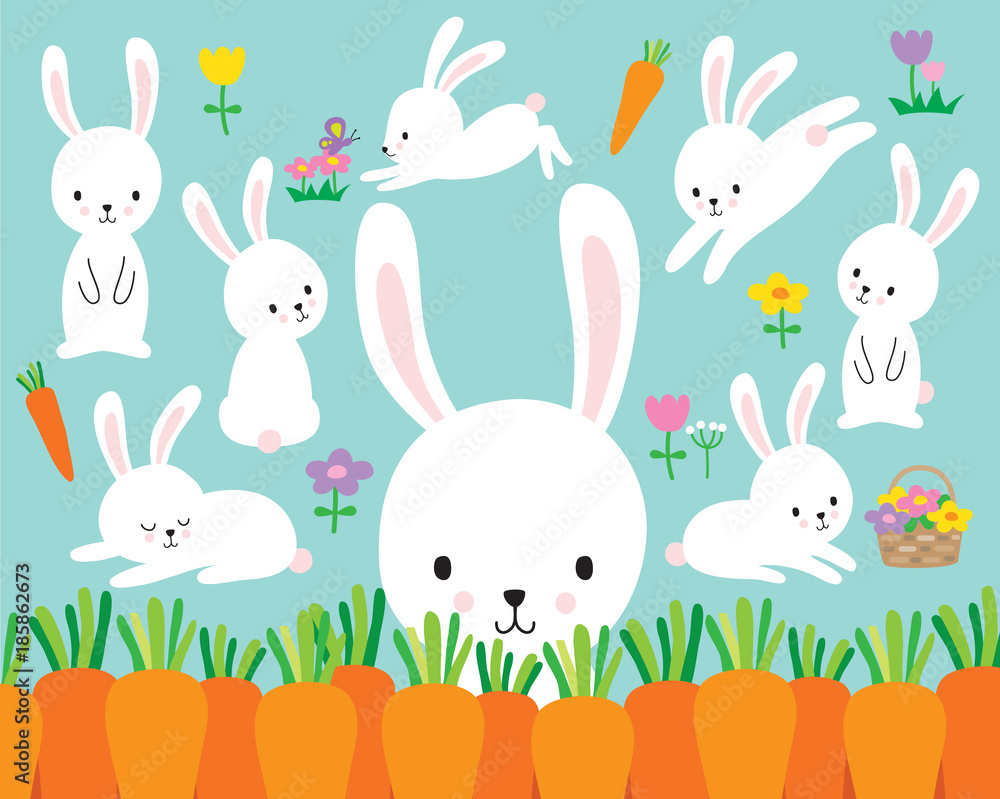 Naklejka premium Ilustracja wektorowa ładny królik wielkanocny biały i kwiaty.