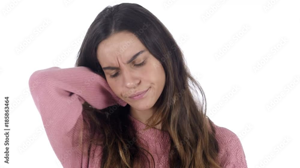 Tired Young Latin Woman with Neck Pain, White Background Tired Young Latin Woman with Neck Pain, White Background