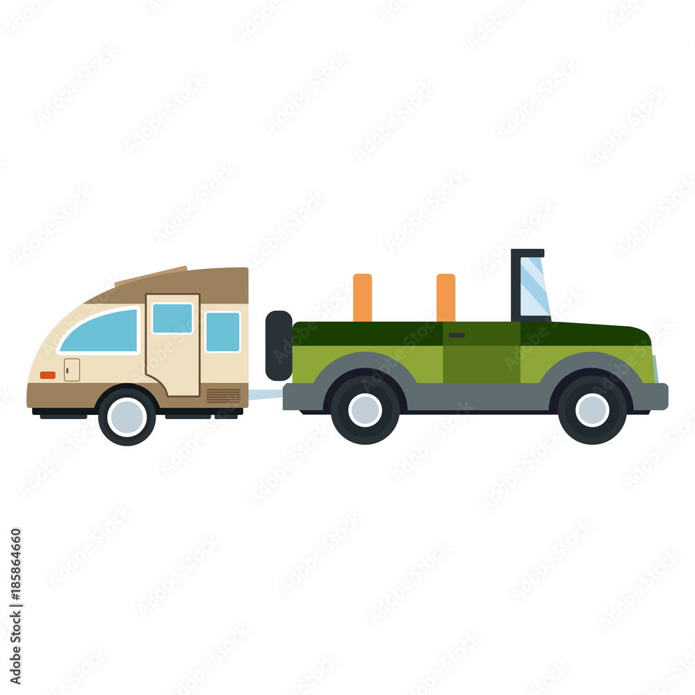 Off road sport truck with caravan trailer icon vector illustration Off road sport truck with caravan trailer icon vector illustration