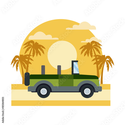 Off road sport truck on sunset landscape icon vector illustration © Jemastock