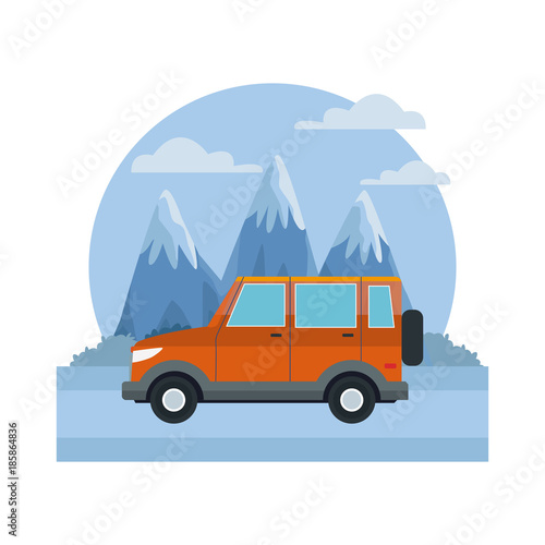 SUV sport vehicle between mountains landscape icon vector illustration © Jemastock