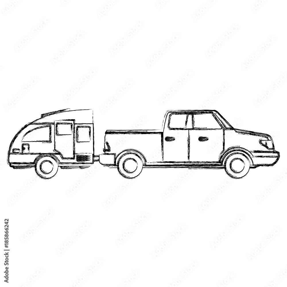 Pick up vehicle with caravan trailer icon vector illustration
