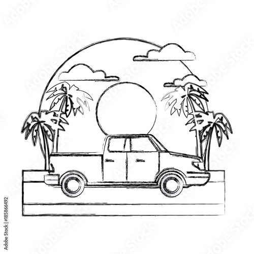 Pick up vehicle on sunset landscape icon vector illustration © Jemastock