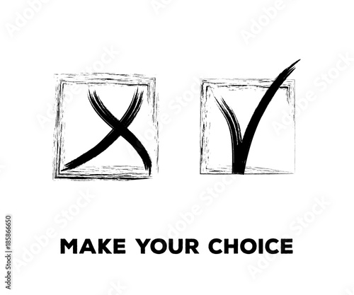Yes and No Vector Set Square Frames, Isolated.  Hand Painted Election, Quizz, Voting, Test Symbols. Ink Brush Rejection and Approval, Query Choice Icons. Yes and No Tick and Cross Symbolic Marks.