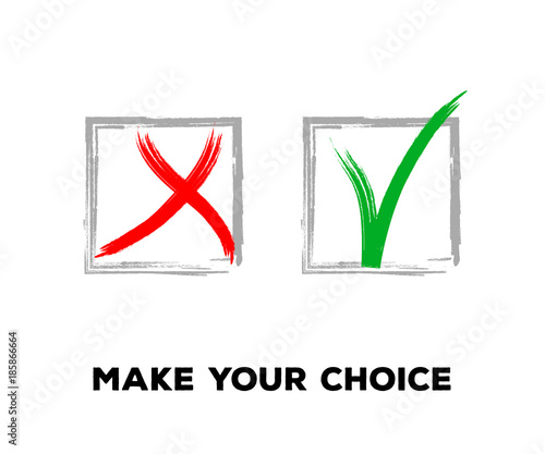 Yes and No Vector Set Square Frames, Isolated.  Hand Painted Election, Quizz, Voting, Test Symbols. Ink Brush Rejection and Approval, Query Choice Icons. Yes and No Tick and Cross Symbolic Marks.