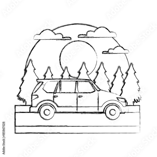 SUV sport vehicle In the forest icon vector illustration © Jemastock