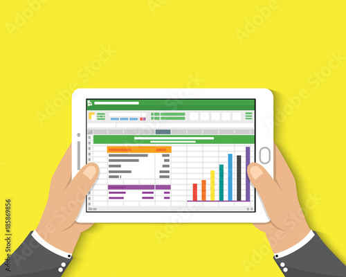 hand holding tablet. businessman read spreadsheet financial analysis report with chart and graph. flat design for business concept.