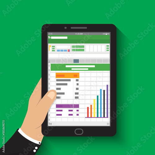 hand holding tablet. businessman read spreadsheet financial analysis report with chart and graph. flat design for business concept.