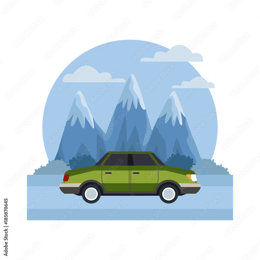 Car sideview vehicle between mountains landscape icon vector illustration