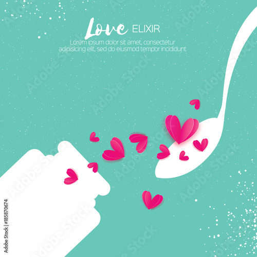 Cute Love elixir. Chemistry of love. Pink Hearts. Test tube with love fluid. Spoon. Romantic card for Happy Valentines Day. Chemical reaction. 14 February. Blue sky background.