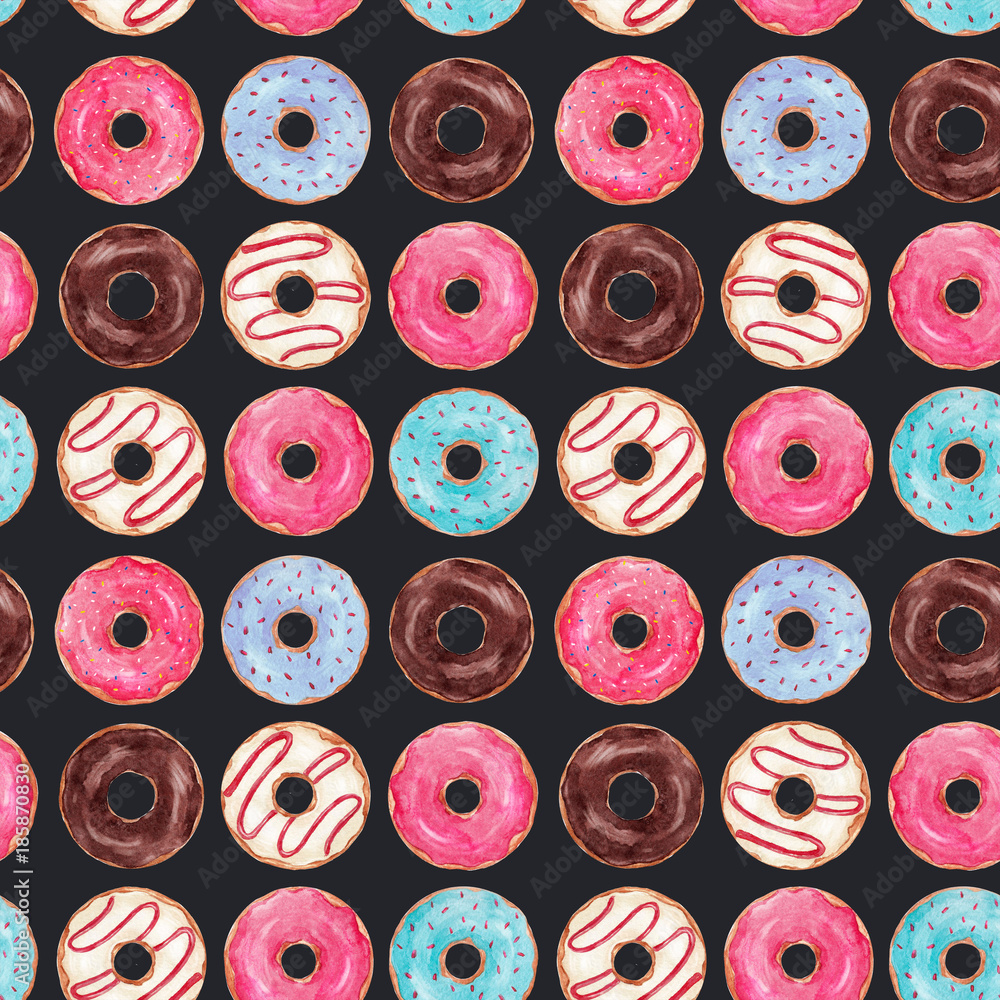 Fototapeta premium Watercolor tasty donuts pattern