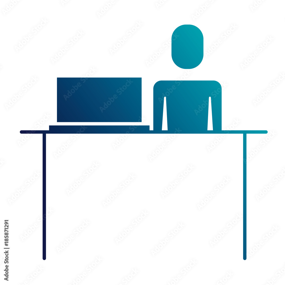 businessman with laptop and desk image vector illustration blue image businessman with laptop and desk image vector illustration blue image