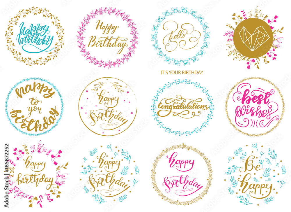 Set of Greeting Birthday Lettering designs. Vector illustration.