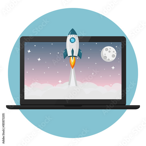 Launch Laptop mit Rakete Flat Design Icon