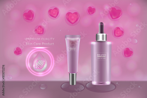 cosmetic containers with advertising background ready to use  valentines concept skincare ad. Illustration vector.