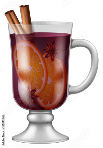 Glass of mulled wine with assorted spices and orange. Vector illustration.