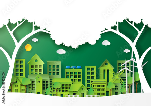 Nature landscape of green eco friendly cityscape.For environment conservation creative idea concept design paper art style.Vector illustration.