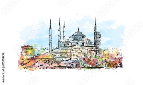 Watercolor splash with hand drawn sketch of The Blue Mosque, (Sultanahmet Camii), Istanbul, Turkey in vector.