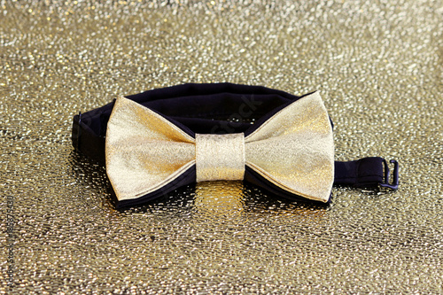 A festive golden with a black bow tie on a gold background. photo