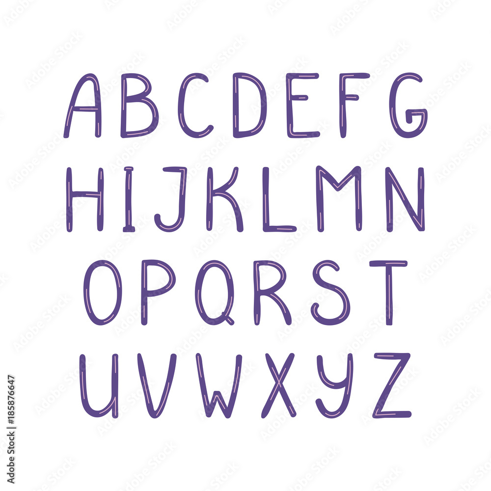 Hand drawn cute latin alphabet, in violet. Make your own lettering. Isolated letters on white background. Vector illustration. Hand drawn cute latin alphabet, in violet. Make your own lettering. Isolated letters on white background. Vector illustration.