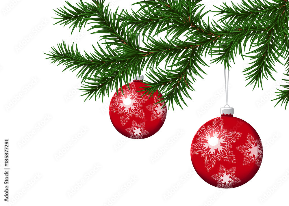 Pine Branch With Red Christmas Balls Pine Branch With Red Christmas Balls