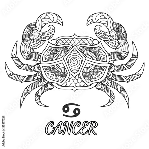 Line art design of Cancer zodiac sign for design element and adult coloring book page. Vector illustration.
