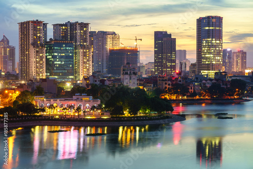 Aerial skyline view of Hanoi. Hanoi cityscape at twilight at Hoang Cau lake