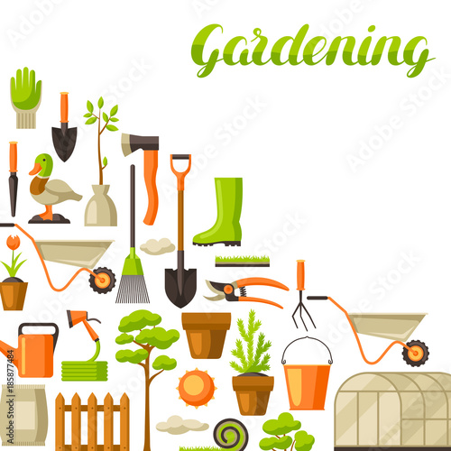 Background with garden tools and items. Season gardening illustration